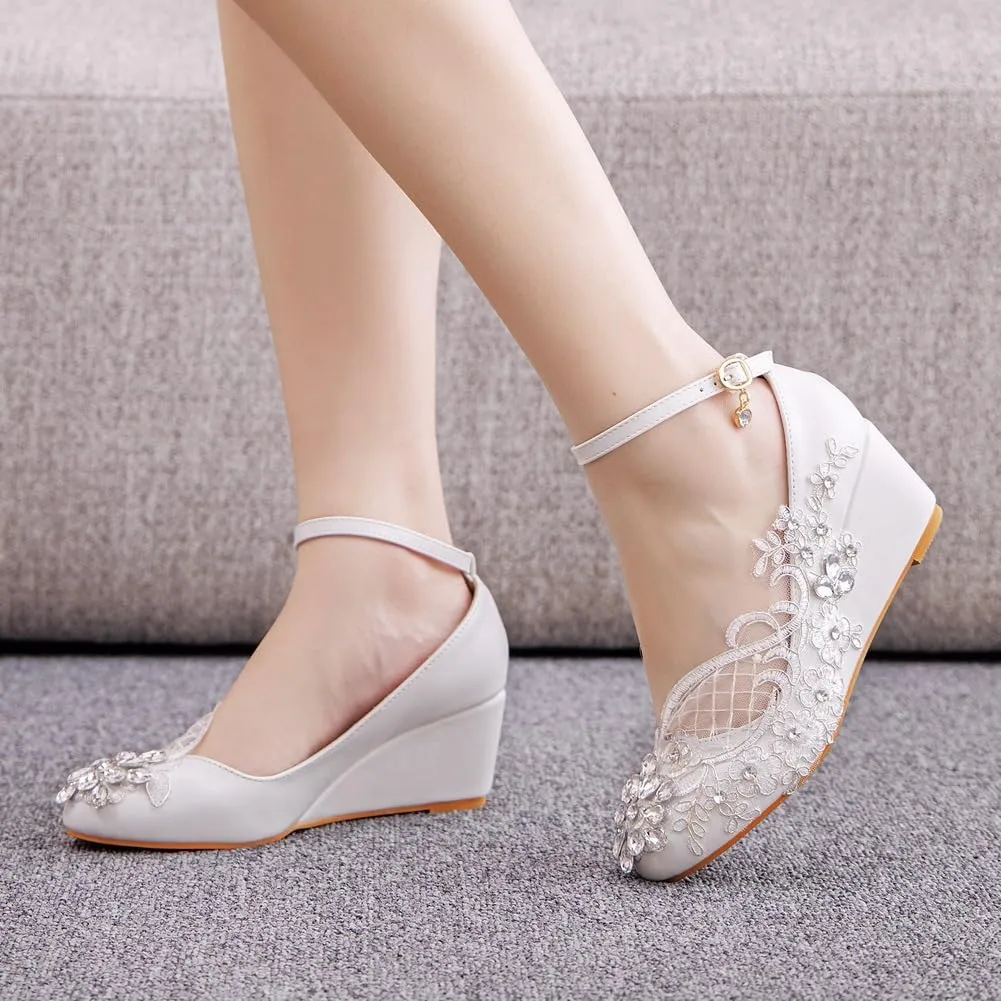 Women's Ankle Strap Buckle Wedges Heel Bridesmaid Wedding Shoes, Sexy Dress Bridal Heels, Closed Toe Bride Pumps