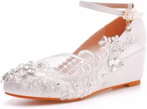 Women's Ankle Strap Buckle Wedges Heel Bridesmaid Wedding Shoes, Sexy Dress Bridal Heels, Closed Toe Bride Pumps