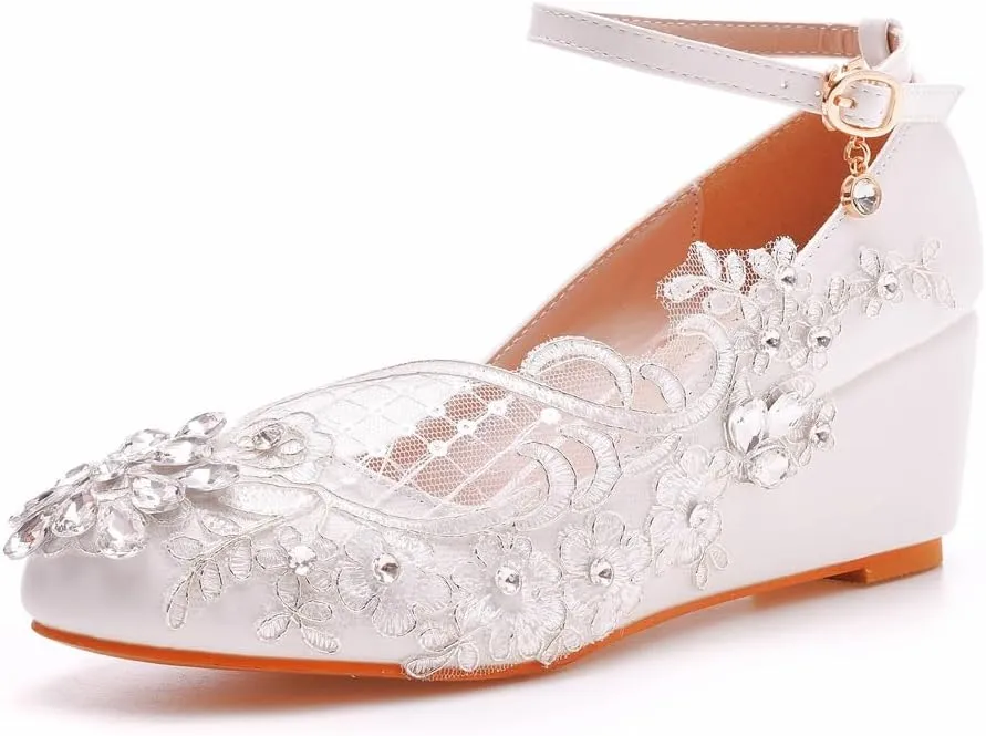 Women's Ankle Strap Buckle Wedges Heel Bridesmaid Wedding Shoes, Sexy Dress Bridal Heels, Closed Toe Bride Pumps