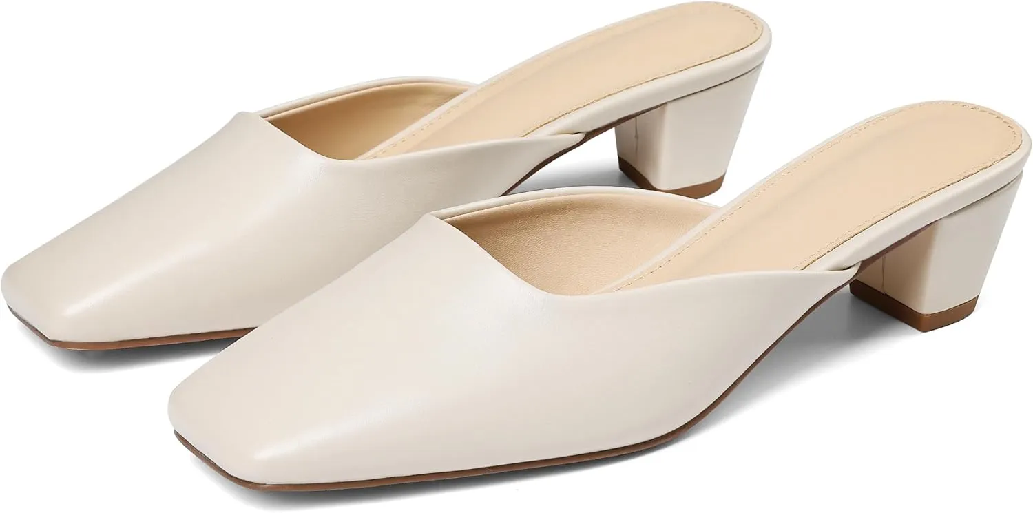 Women's Black Mules Block Kitten Heels Closed Square Toe Slip On Slingback Casual Dress Shoes