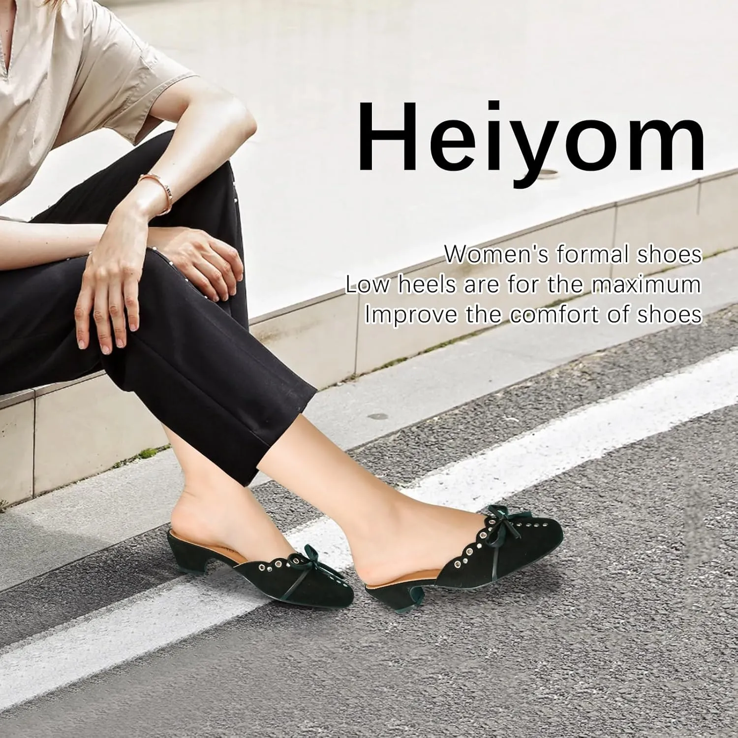 Women's Bow Heels Mules Pointed Toe Low Block Chunky Heeled Backless Slip on Slippers Sandals Comfortable Dress Work Shoes