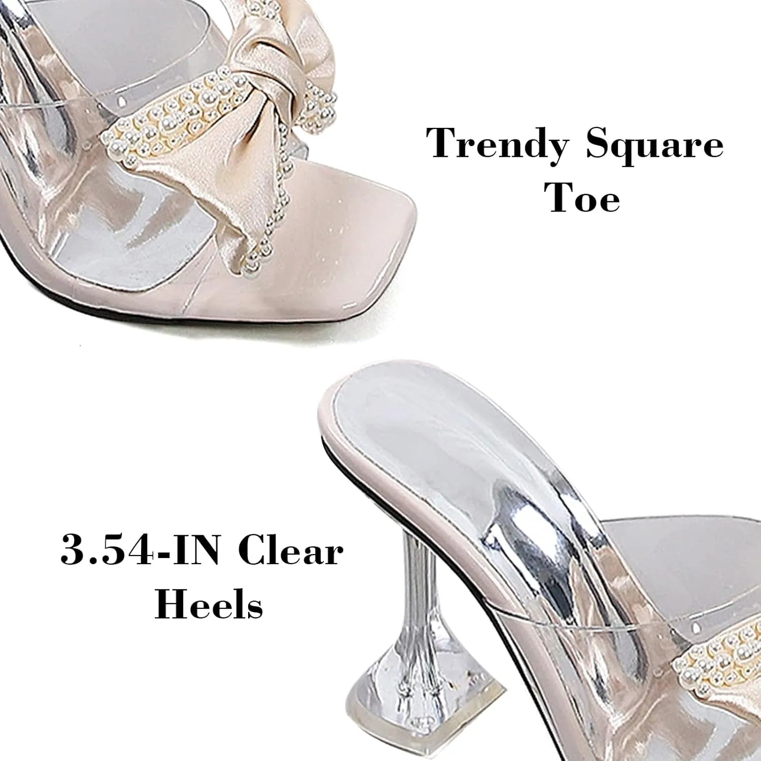 Women's Bow Knot Heeled Mules Sandals Open Toe Clear Heels Stilettos Bridal Wedding Kitten Heels