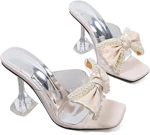 Women's Bow Knot Heeled Mules Sandals Open Toe Clear Heels Stilettos Bridal Wedding Kitten Heels
