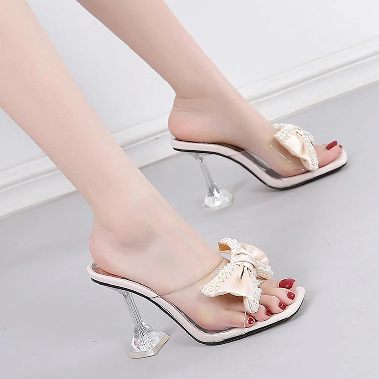 Women's Bow Knot Heeled Mules Sandals Open Toe Clear Heels Stilettos Bridal Wedding Kitten Heels