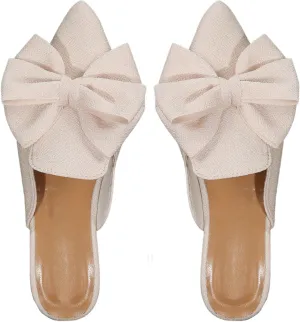 Women's Bow Mules Dressy Pointed Toe Flat Shoes Backless Loafers Slide Sandals Casual Slides Work Shoes