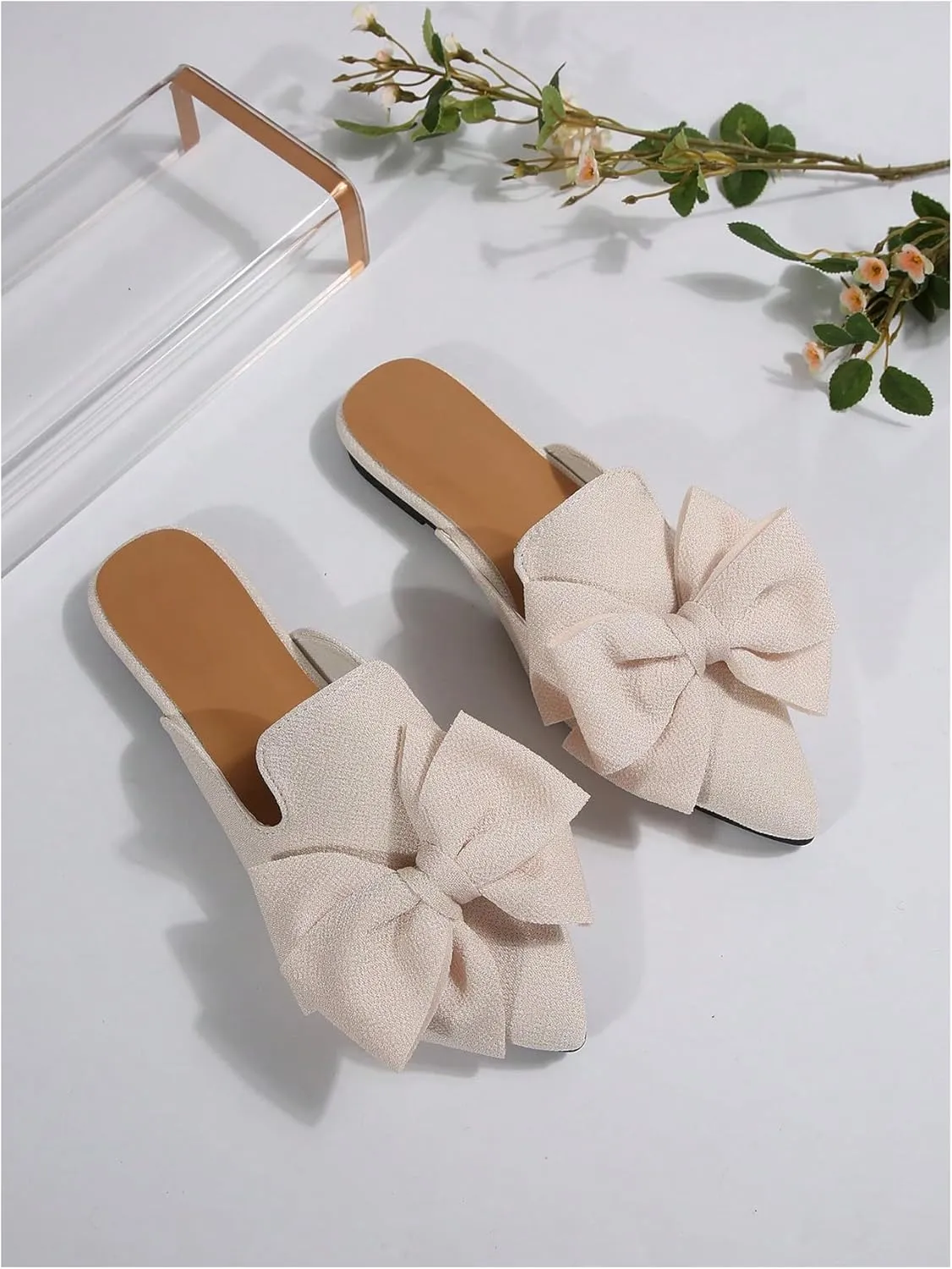 Women's Bow Mules Dressy Pointed Toe Flat Shoes Backless Loafers Slide Sandals Casual Slides Work Shoes