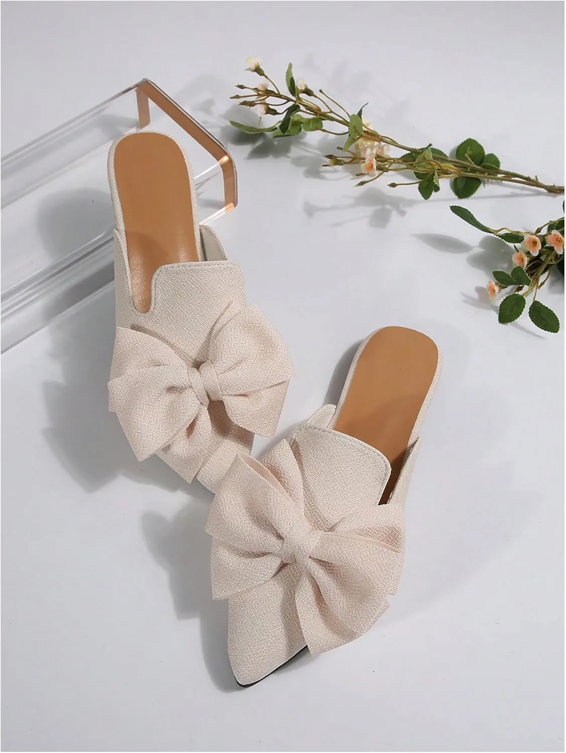 Women's Bow Mules Dressy Pointed Toe Flat Shoes Backless Loafers Slide Sandals Casual Slides Work Shoes