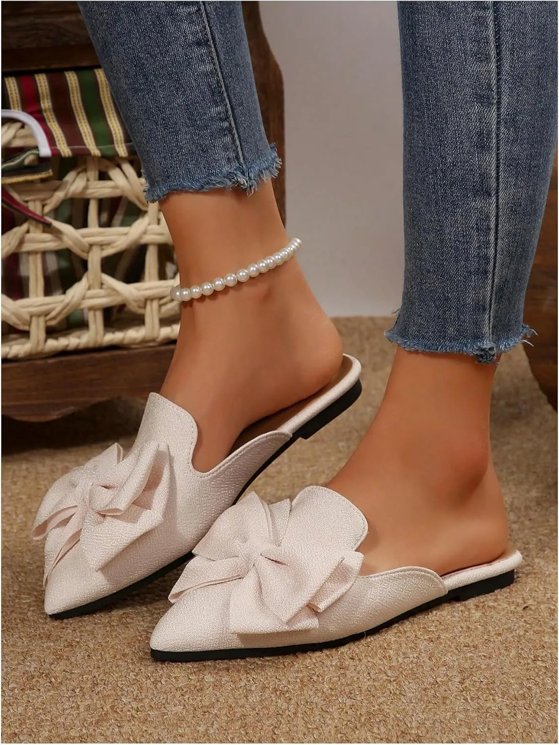 Women's Bow Mules Dressy Pointed Toe Flat Shoes Backless Loafers Slide Sandals Casual Slides Work Shoes