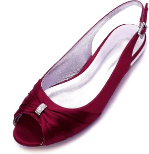 Women's Bridal Shoes Peep Toe Satin Rhinestones Ankle Strap Slingback Wedding Flats