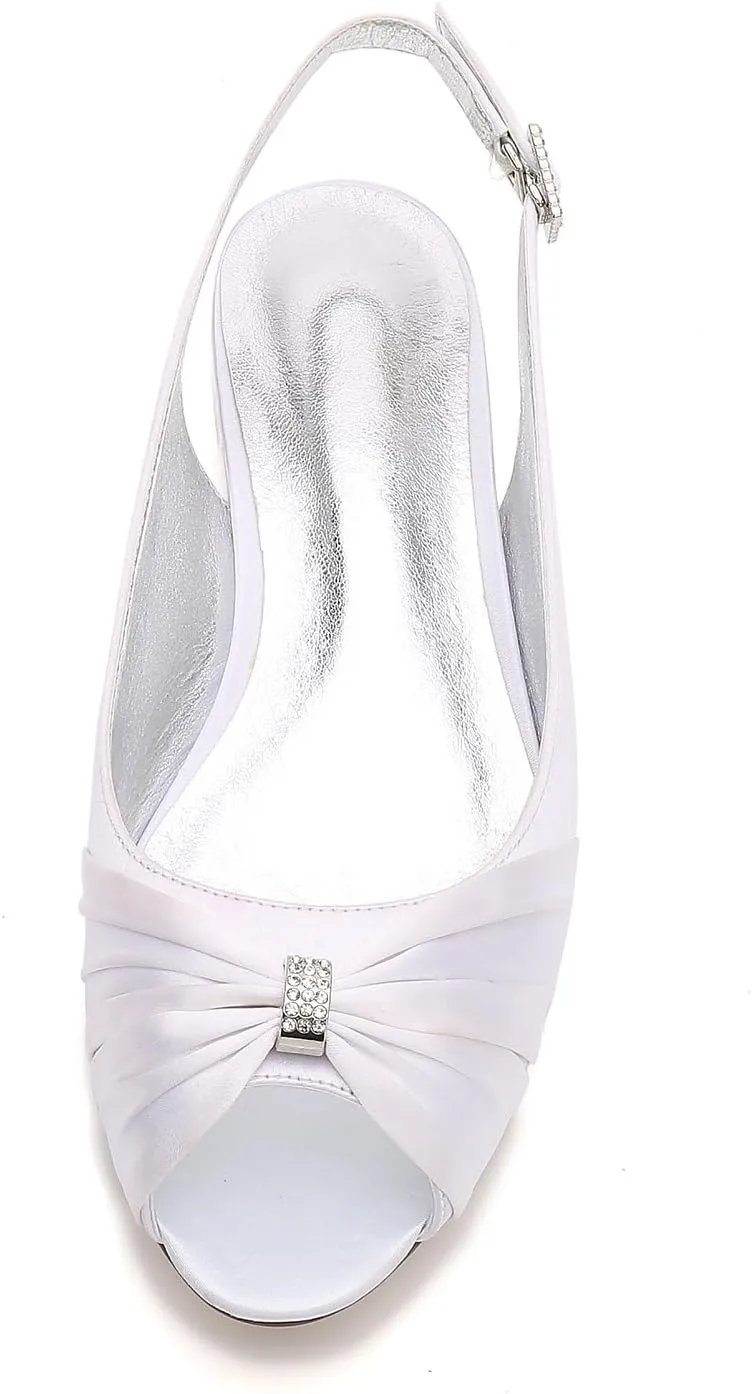 Women's Bridal Shoes Peep Toe Satin Rhinestones Ankle Strap Slingback Wedding Flats