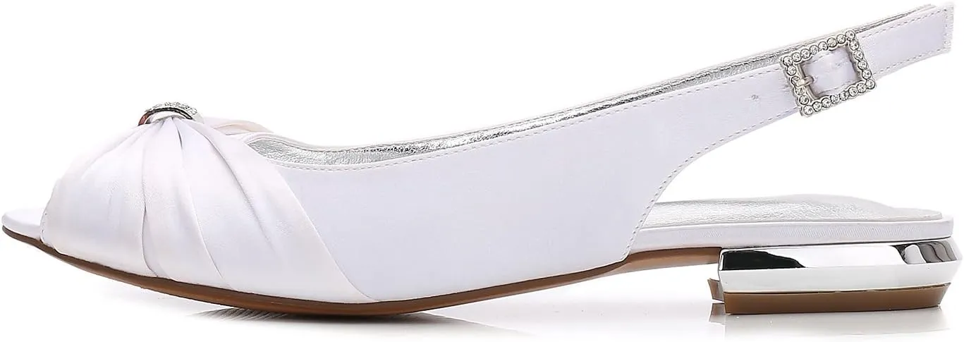 Women's Bridal Shoes Peep Toe Satin Rhinestones Ankle Strap Slingback Wedding Flats