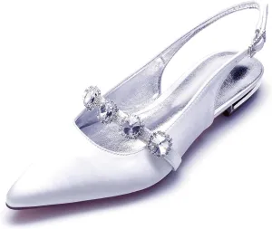 Women's Bridal Shoes Pointed Toe Low Heel Wedding Shoes Ankle Strap Adjustable Bride Pumps Slingback Crystal Sandals Evenging Party Work