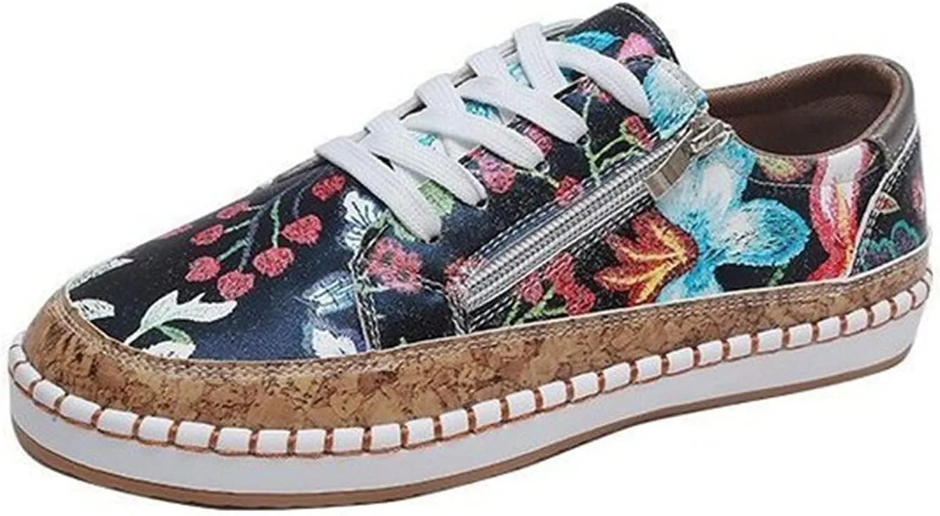 Women's Canvas Sneakers Classic Round Toe Low Cut Lace-Up Casual Shoes Fashion Comfortable Lightweight Floral Print Walking Flats