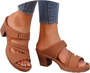 Women's Chunky Block Heels Sandals 2025 Solid Color Open Toe Summer Fashion Casual Slip On Slides Classic Hollow Out Comfortable Beach Walking Elegant Party Dress Wedding Dance Shoes