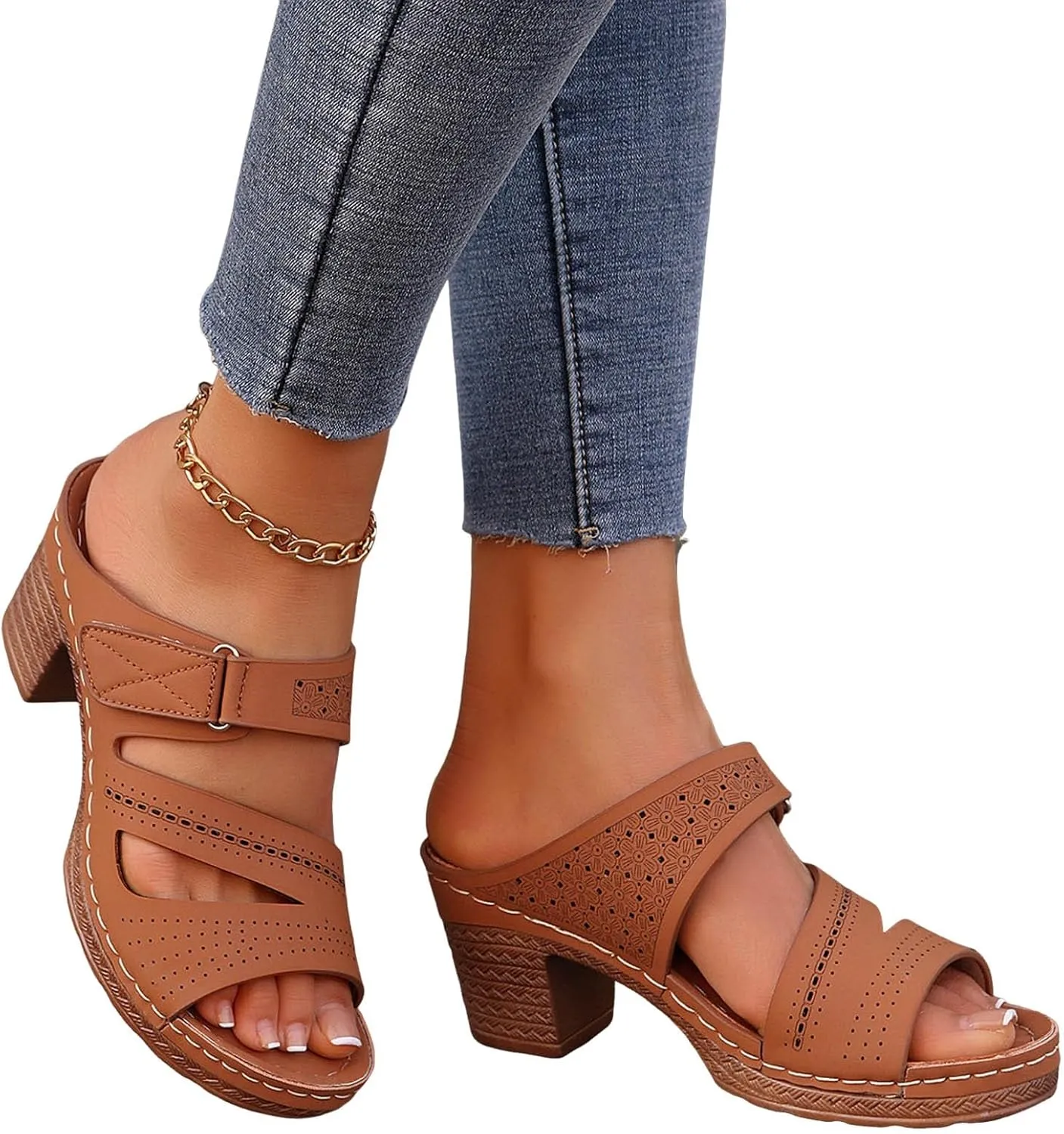Women's Chunky Block Heels Sandals 2025 Solid Color Open Toe Summer Fashion Casual Slip On Slides Classic Hollow Out Comfortable Beach Walking Elegant Party Dress Wedding Dance Shoes