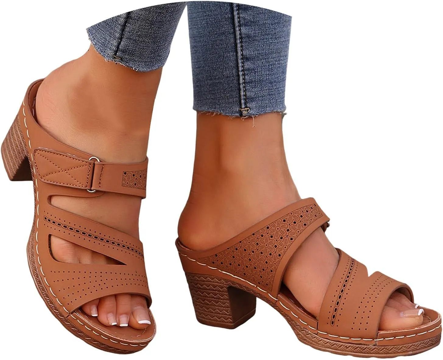 Women's Chunky Block Heels Sandals 2025 Solid Color Open Toe Summer Fashion Casual Slip On Slides Classic Hollow Out Comfortable Beach Walking Elegant Party Dress Wedding Dance Shoes
