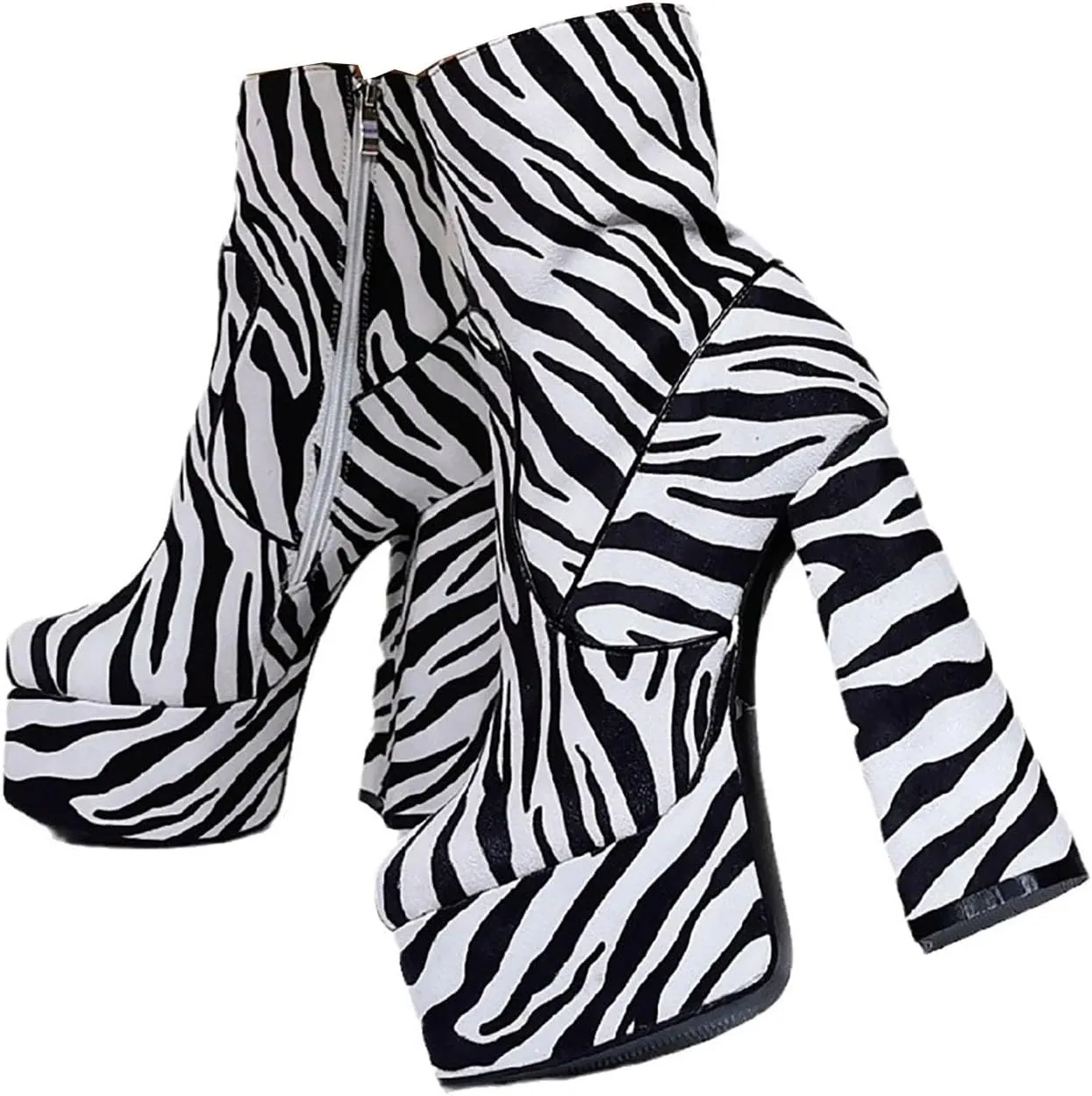 Women's Chunky Platform Ankle Boot High Block Heels Square Toe Zebra Print Party Dress Booties Shoes for Halloween