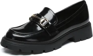 Women's Chunky Platform Loafers with Chain or Buckle Patent Leather Black Penny Loafers Fashion Office Shoes School Dress Shoes Comfort Slip-on