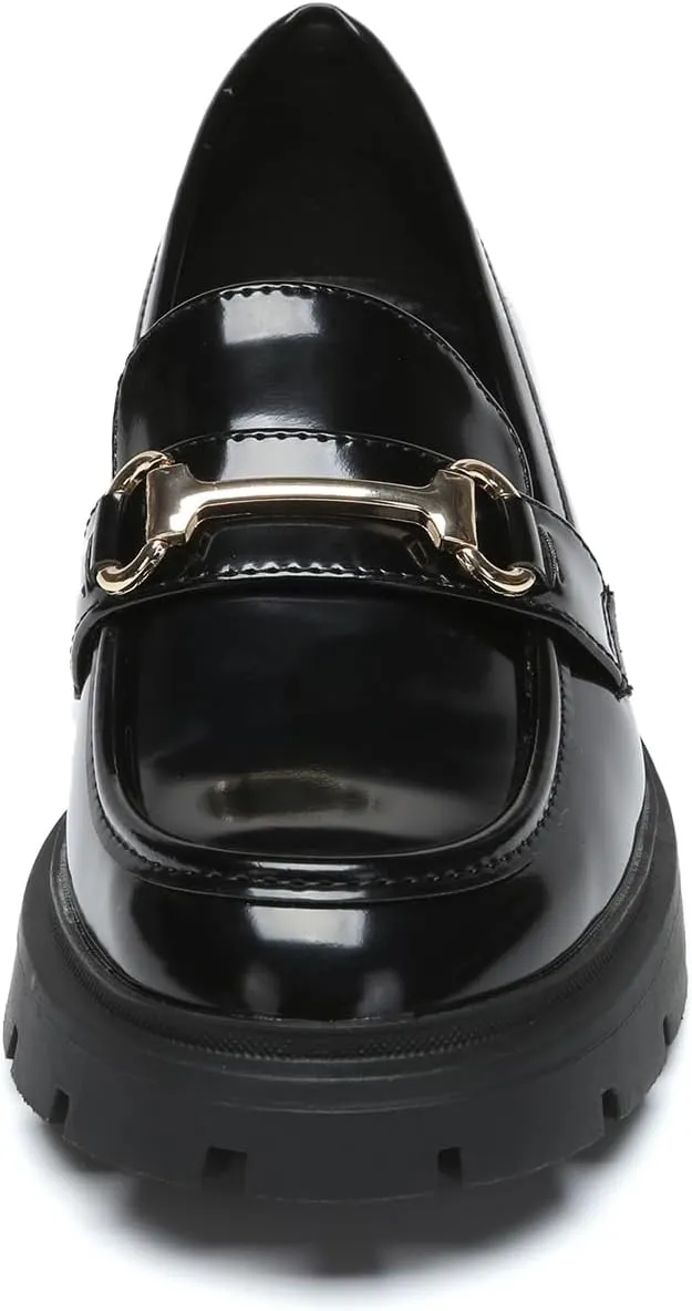 Women's Chunky Platform Loafers with Chain or Buckle Patent Leather Black Penny Loafers Fashion Office Shoes School Dress Shoes Comfort Slip-on