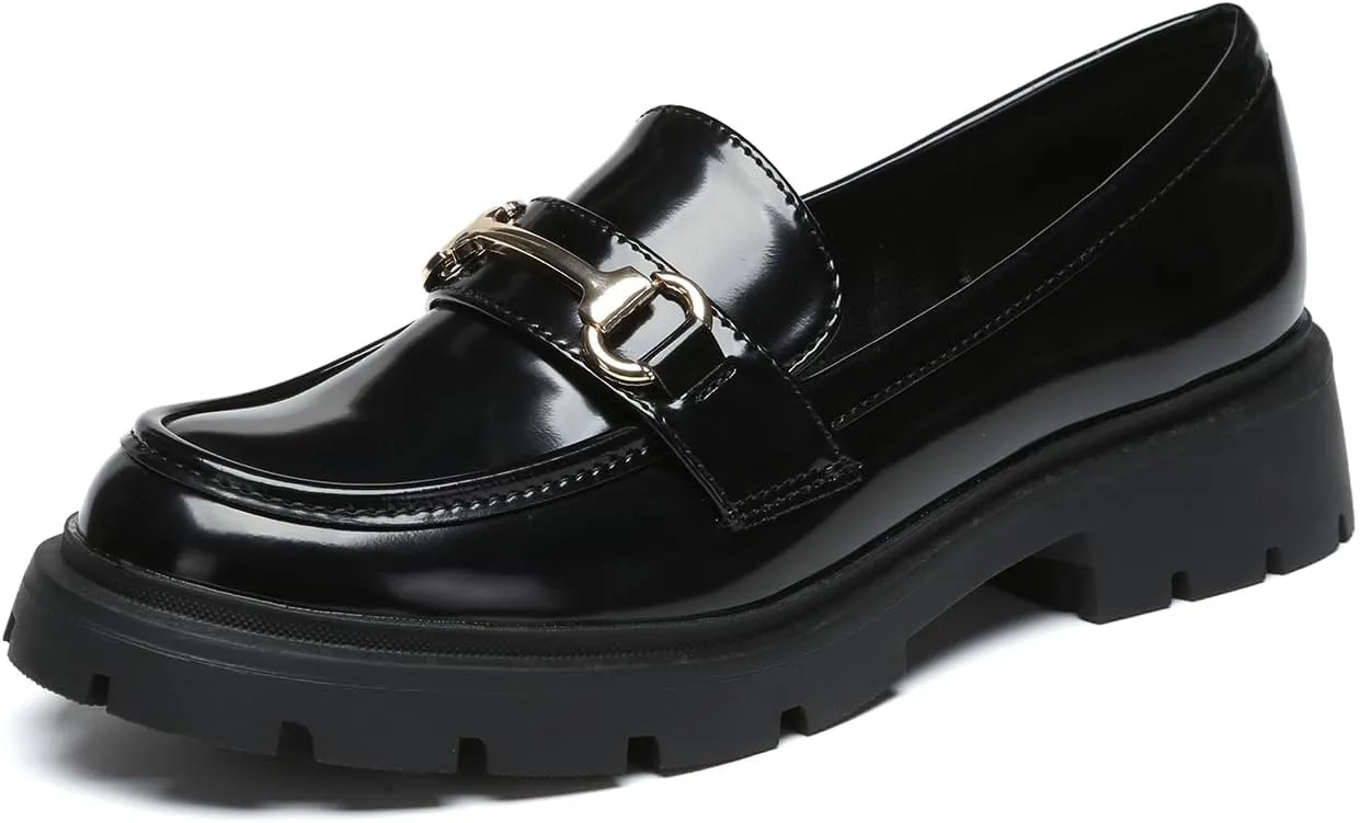 Women's Chunky Platform Loafers with Chain or Buckle Patent Leather Black Penny Loafers Fashion Office Shoes School Dress Shoes Comfort Slip-on