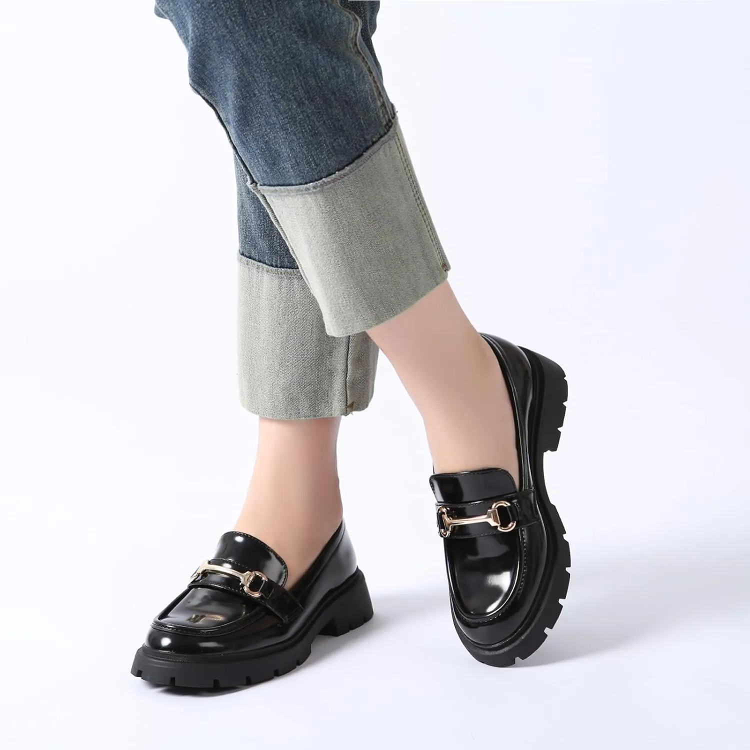Women's Chunky Platform Loafers with Chain or Buckle Patent Leather Black Penny Loafers Fashion Office Shoes School Dress Shoes Comfort Slip-on