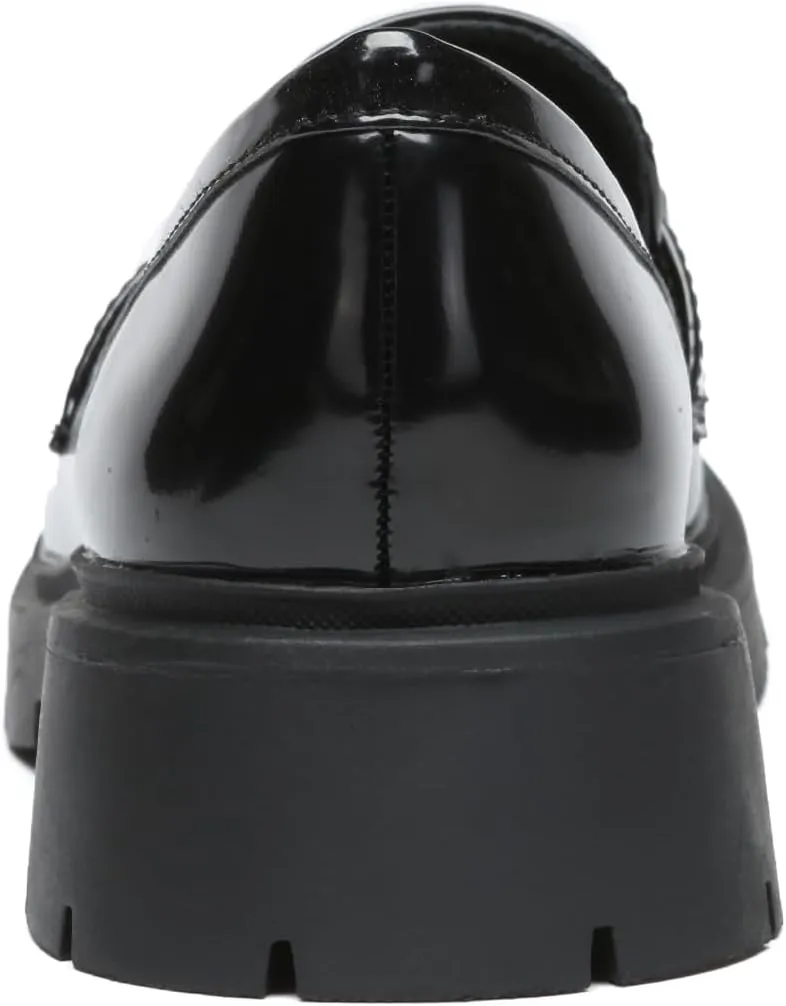 Women's Chunky Platform Loafers with Chain or Buckle Patent Leather Black Penny Loafers Fashion Office Shoes School Dress Shoes Comfort Slip-on