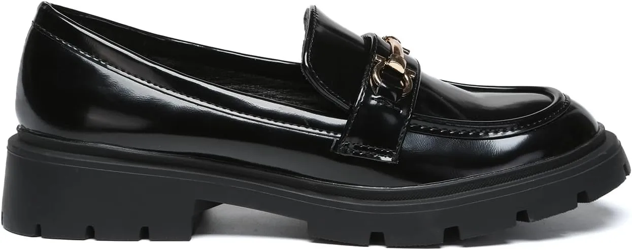Women's Chunky Platform Loafers with Chain or Buckle Patent Leather Black Penny Loafers Fashion Office Shoes School Dress Shoes Comfort Slip-on