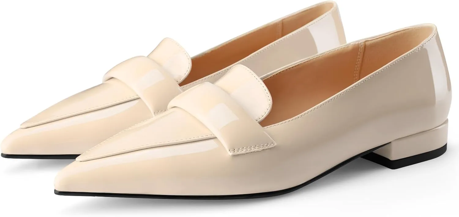 Women's Closed Pointed Toe Penny Loafers Shoes Black Patent Leather Comfortable Slip On Work Business Dressy Classic Flats Shoes