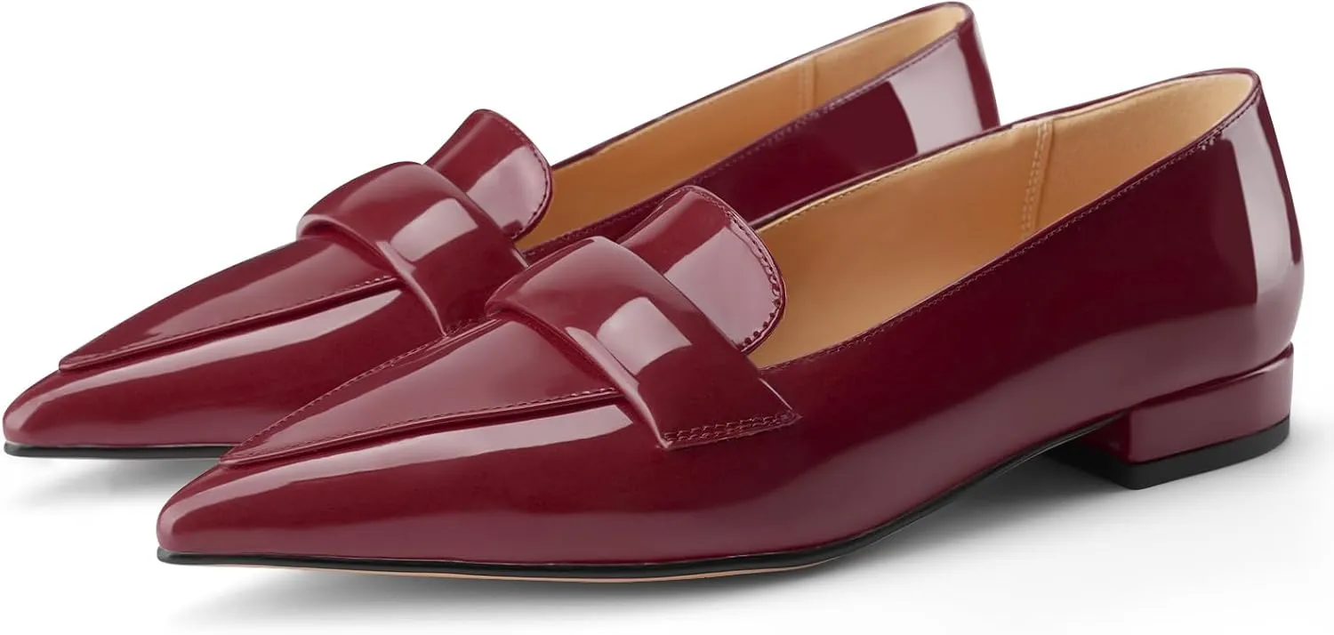 Women's Closed Pointed Toe Penny Loafers Shoes Black Patent Leather Comfortable Slip On Work Business Dressy Classic Flats Shoes