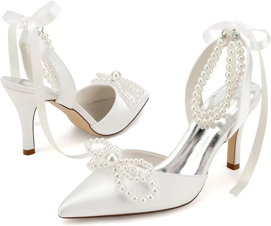 Women's Closed Toe Pearl Heels with Bow Wedding Shoes for Bride High Heels Bridal Shoes Slingback Satin Heels Pumps