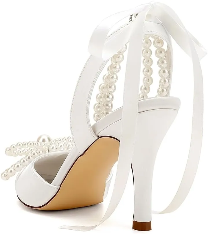 Women's Closed Toe Pearl Heels with Bow Wedding Shoes for Bride High Heels Bridal Shoes Slingback Satin Heels Pumps
