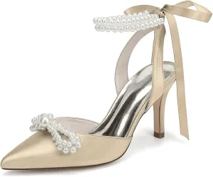 Women's Closed Toe Pearl Heels with Bow Wedding Shoes for Bride High Heels Bridal Shoes Slingback Satin Heels Pumps