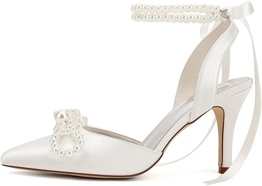Women's Closed Toe Pearl Heels with Bow Wedding Shoes for Bride High Heels Bridal Shoes Slingback Satin Heels Pumps