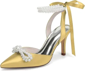 Women's Closed Toe Pearl Heels with Bow Wedding Shoes for Bride High Heels Bridal Shoes Slingback Satin Heels Pumps