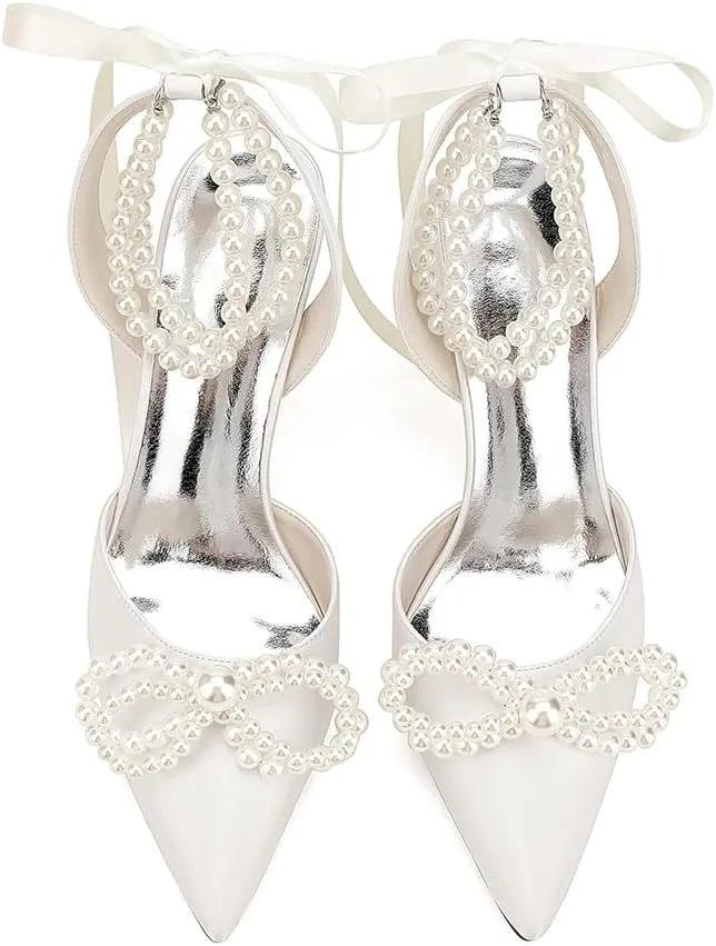 Women's Closed Toe Pearl Heels with Bow Wedding Shoes for Bride High Heels Bridal Shoes Slingback Satin Heels Pumps