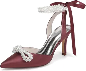 Women's Closed Toe Pearl Heels with Bow Wedding Shoes for Bride High Heels Bridal Shoes Slingback Satin Heels Pumps