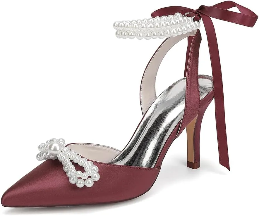 Women's Closed Toe Pearl Heels with Bow Wedding Shoes for Bride High Heels Bridal Shoes Slingback Satin Heels Pumps