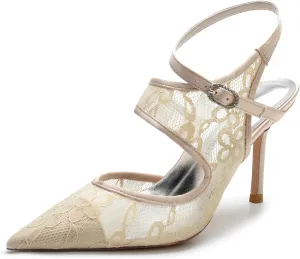 Women's Closed Toe Wedding Shoes for Bride Slingback Lace Shoes High Heel Ankle Strap Prom Party Dress Shoes Pumps