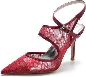 Women's Closed Toe Wedding Shoes for Bride Slingback Lace Shoes High Heel Ankle Strap Prom Party Dress Shoes Pumps