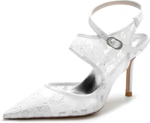 Women's Closed Toe Wedding Shoes for Bride Slingback Lace Shoes High Heel Ankle Strap Prom Party Dress Shoes Pumps