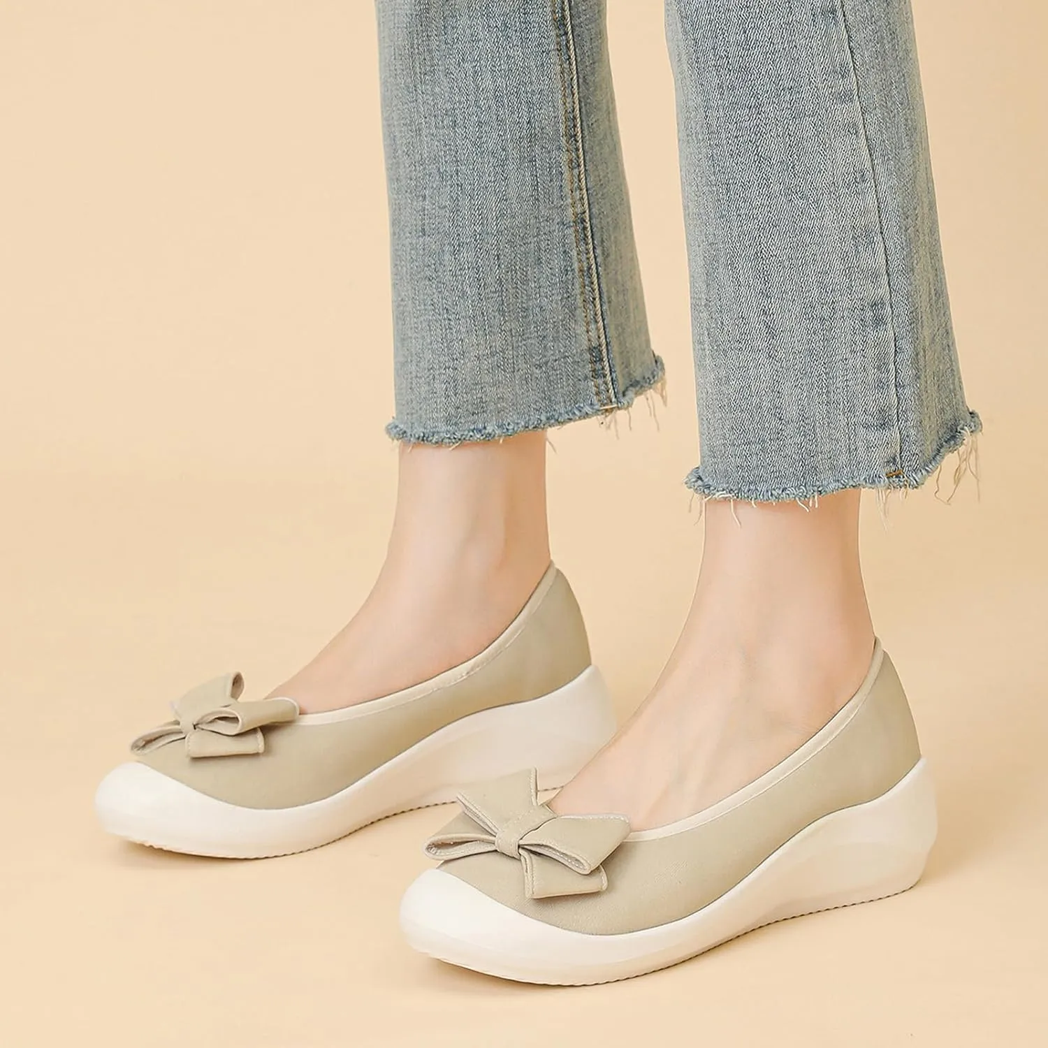 Women's Elasticity Knit Bow Knot Wedge Orthopedics Loafers Lightweight Breathable Round Toe Backless Soft Sole Platform Comfortable Slip On Casual Dressy Walking Shoes for Party Work