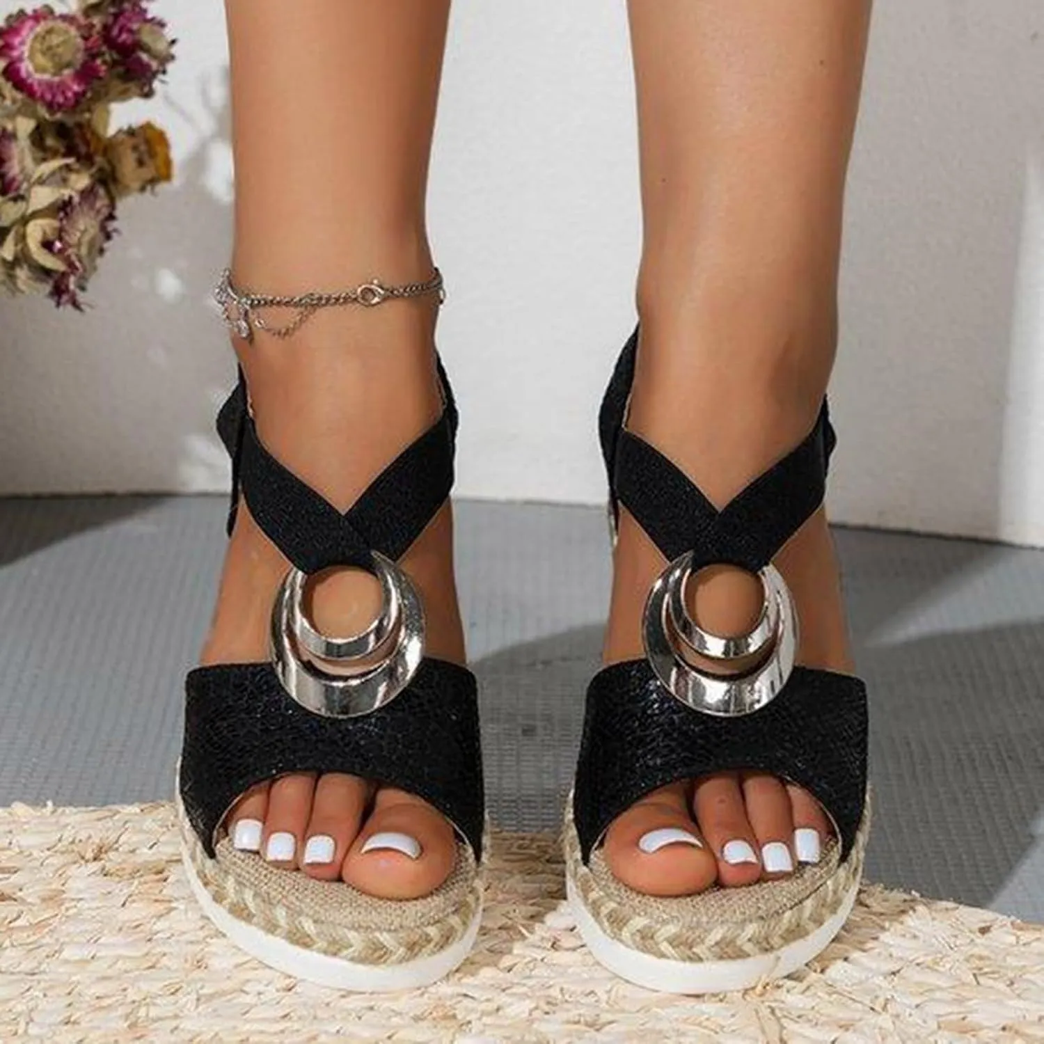 Women's Espadrilles Wedge Sandals Open Toe Ankle Strappy Vintage Lightweight Platform Sandals Heels Party Bridal Shoes Stylish Summer Dress Shoes