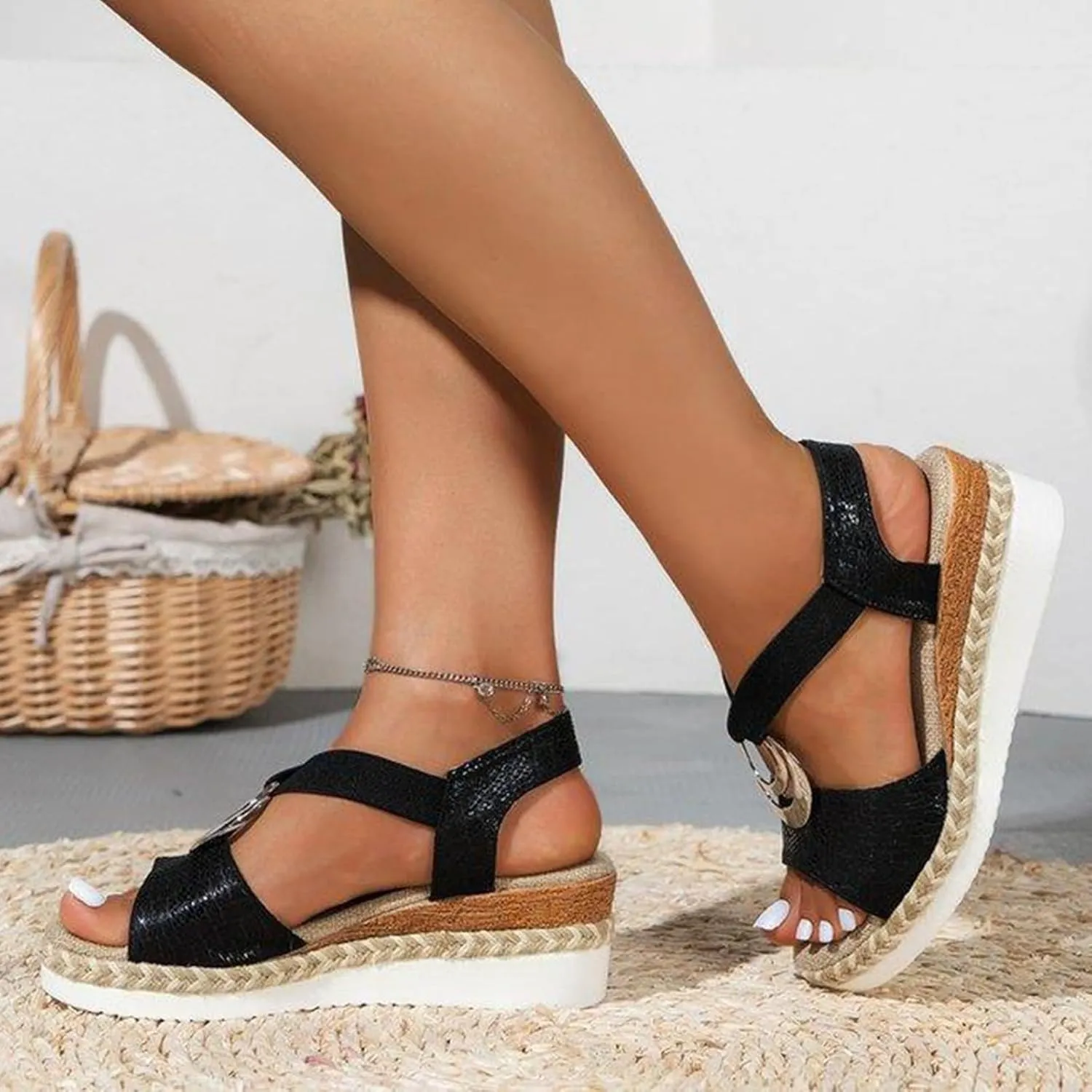 Women's Espadrilles Wedge Sandals Open Toe Ankle Strappy Vintage Lightweight Platform Sandals Heels Party Bridal Shoes Stylish Summer Dress Shoes