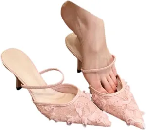 Women's Flower Mesh Heel Mules Closed Pointed Toe Backless Slip On Heel Dressy Sandals for Summer Party Office