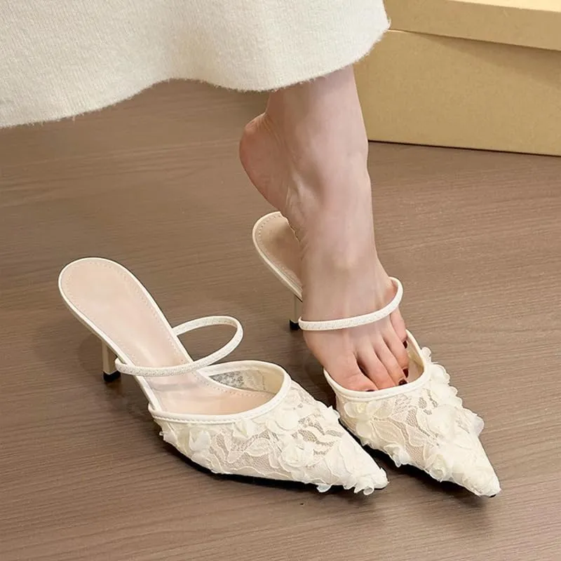 Women's Flower Mesh Heel Mules Closed Pointed Toe Backless Slip On Heel Dressy Sandals for Summer Party Office