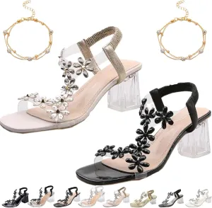 Women's Flower Rhinestone Block Heel Sandals, Clear Block Heel Sandals, Rhinestone Decor Chunky Heeled Slingback Sandals