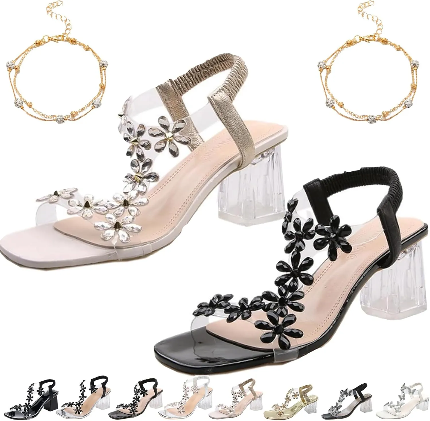 Women's Flower Rhinestone Block Heel Sandals, Clear Block Heel Sandals, Rhinestone Decor Chunky Heeled Slingback Sandals