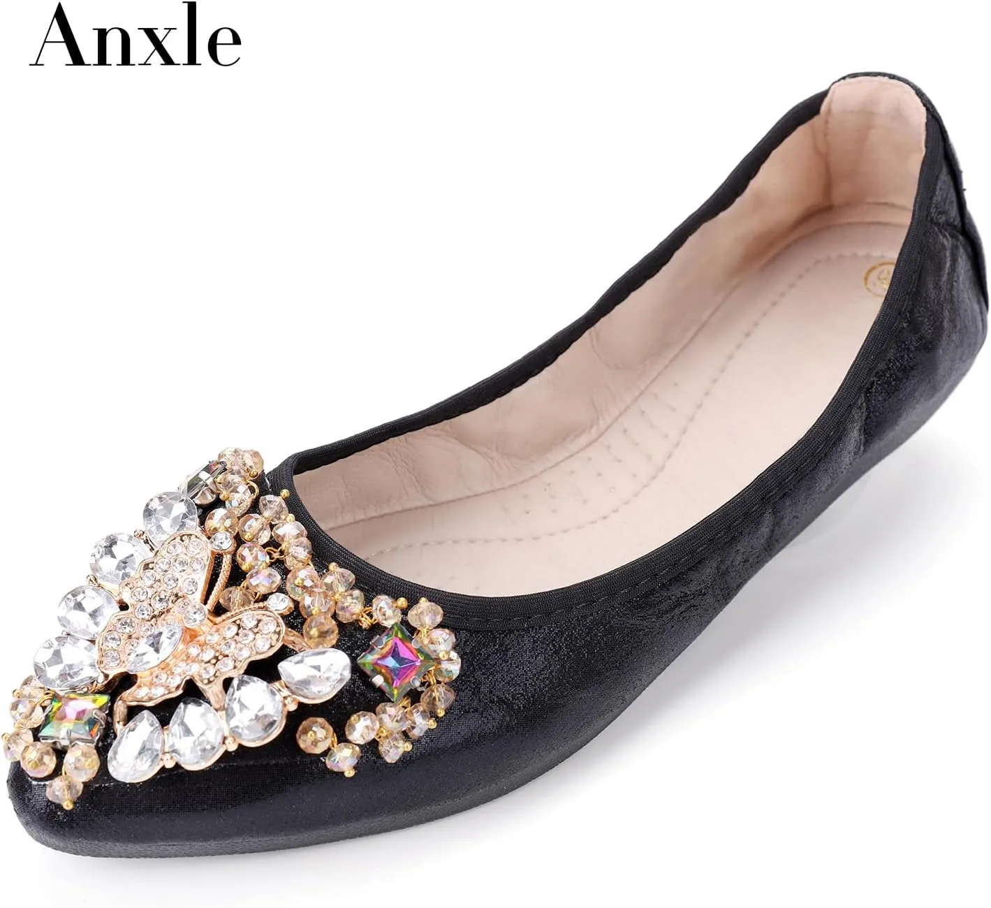 Womens Foldable Ballet Flats Bling Rhinestone Pointed Toe Comfort Slip On Walk Work Loafers Bridal Dress Shoes