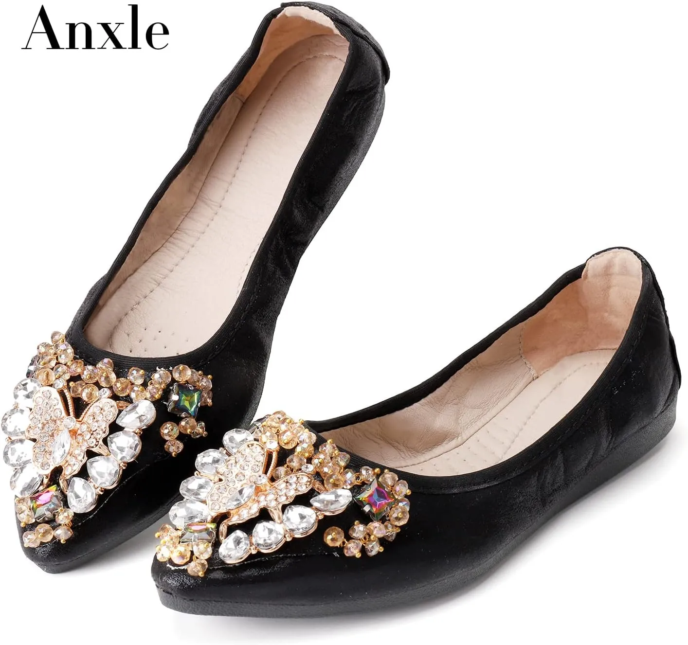 Womens Foldable Ballet Flats Bling Rhinestone Pointed Toe Comfort Slip On Walk Work Loafers Bridal Dress Shoes