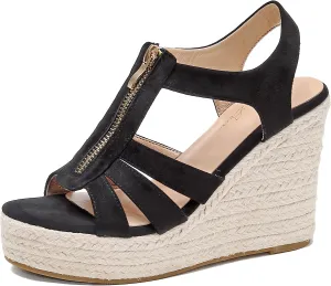 Womens Front Zipper Espadrille Wedge Sandals Dressy, High Heel Platform Sandals Open Toe Slingback, Comfy Sexy Summer Wedges Sandals